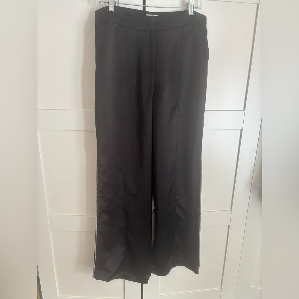 Jason Wu Crystal Rhinestone side trim black wide leg satin pants size 6 - Picture 3 of 7